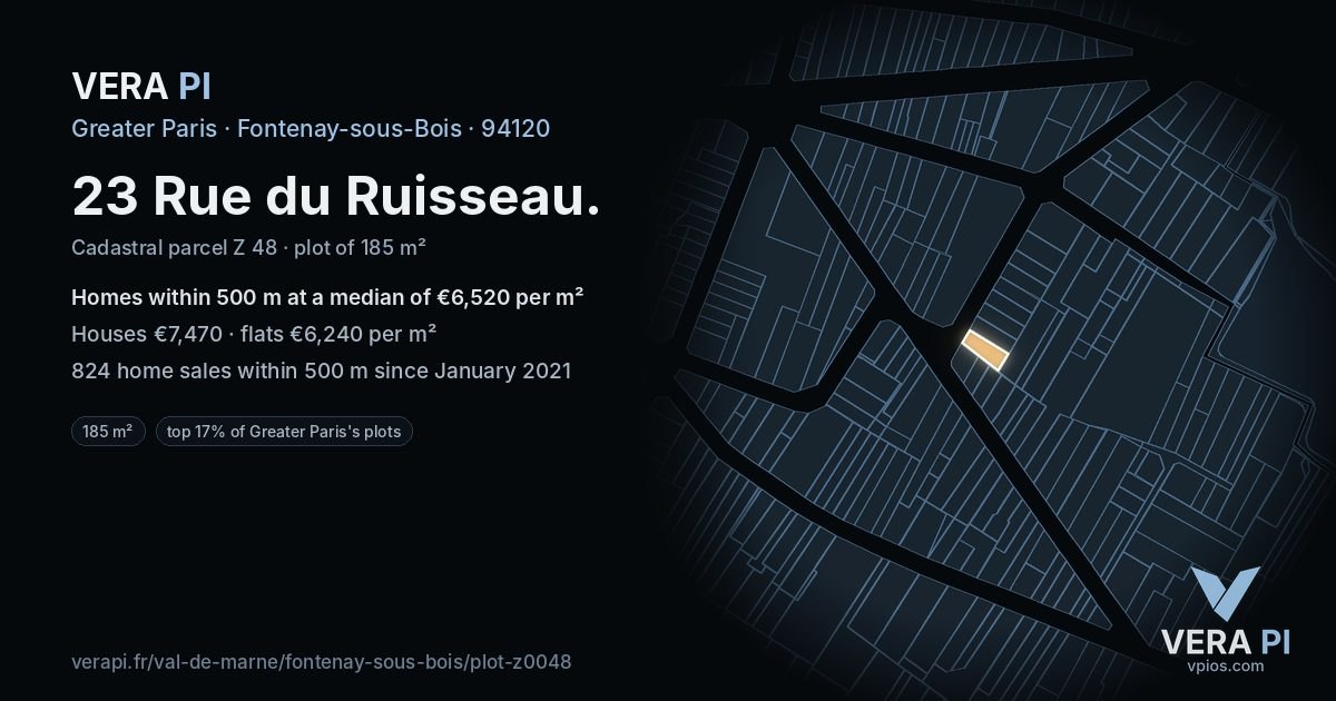 23 Rue du Ruisseau, Fontenay-sous-Bois at night – the plot lit, the parcels around coloured by the prices near them