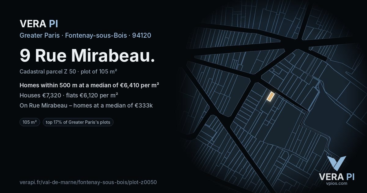 9 Rue Mirabeau, Fontenay-sous-Bois at night – the plot lit, the parcels around coloured by the prices near them