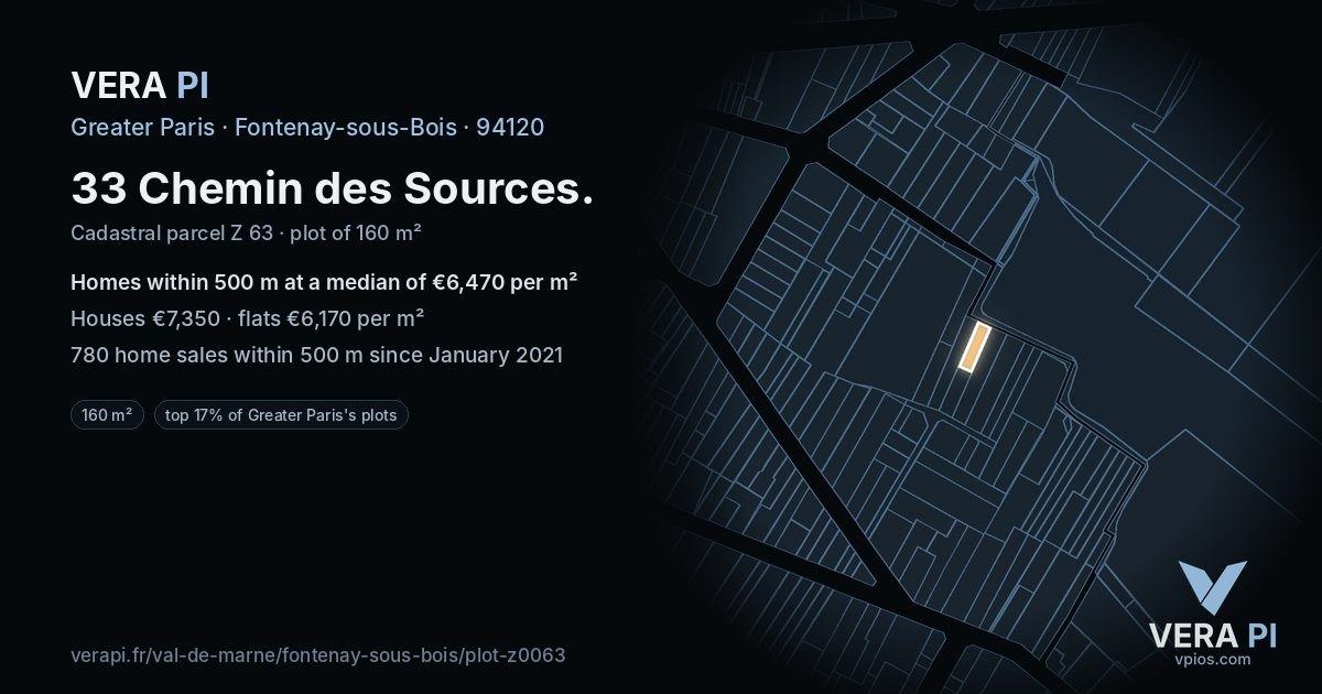 33 Chemin des Sources, Fontenay-sous-Bois at night – the plot lit, the parcels around coloured by the prices near them