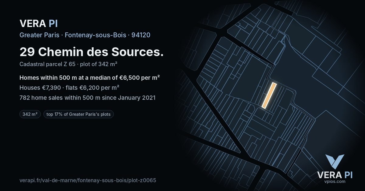 29 Chemin des Sources, Fontenay-sous-Bois at night – the plot lit, the parcels around coloured by the prices near them