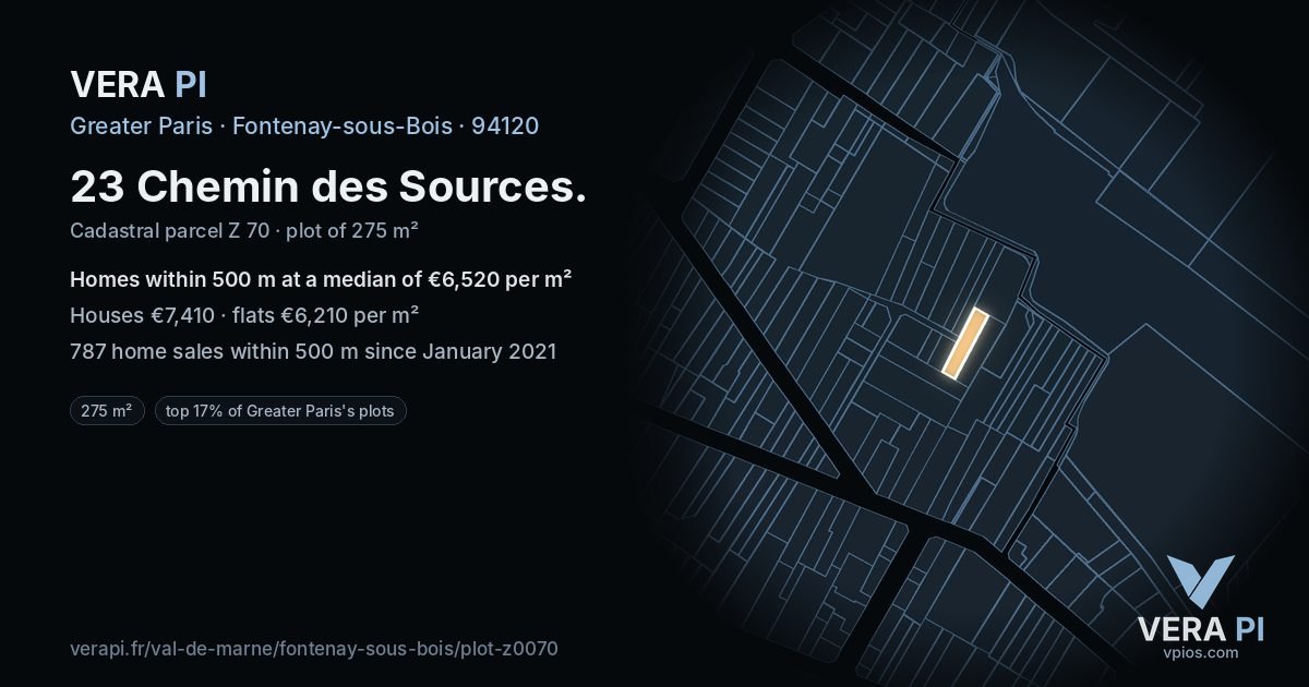 23 Chemin des Sources, Fontenay-sous-Bois at night – the plot lit, the parcels around coloured by the prices near them