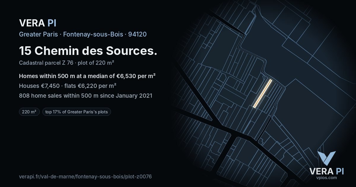 15 Chemin des Sources, Fontenay-sous-Bois at night – the plot lit, the parcels around coloured by the prices near them