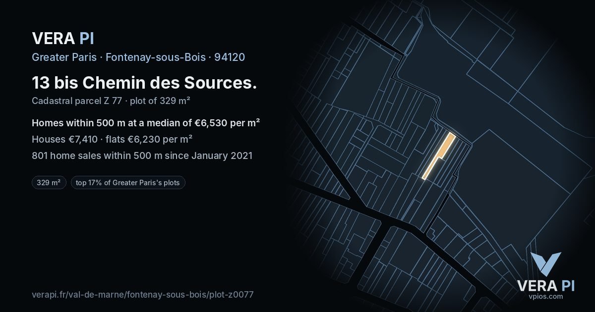 13 bis Chemin des Sources, Fontenay-sous-Bois at night – the plot lit, the parcels around coloured by the prices near them