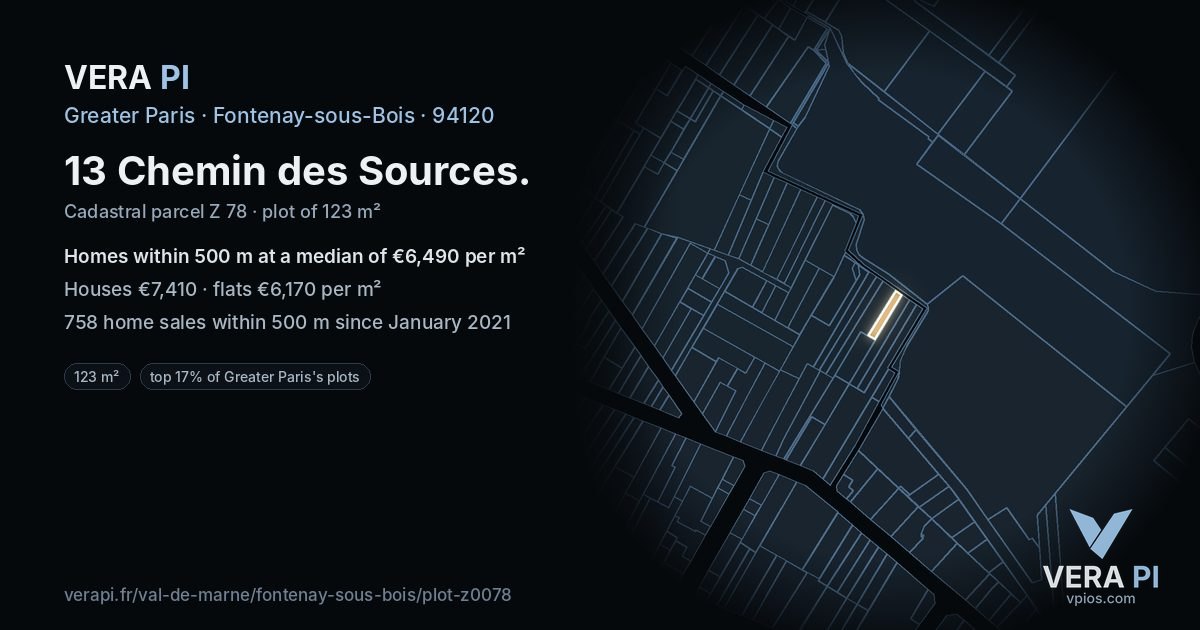 13 Chemin des Sources, Fontenay-sous-Bois at night – the plot lit, the parcels around coloured by the prices near them