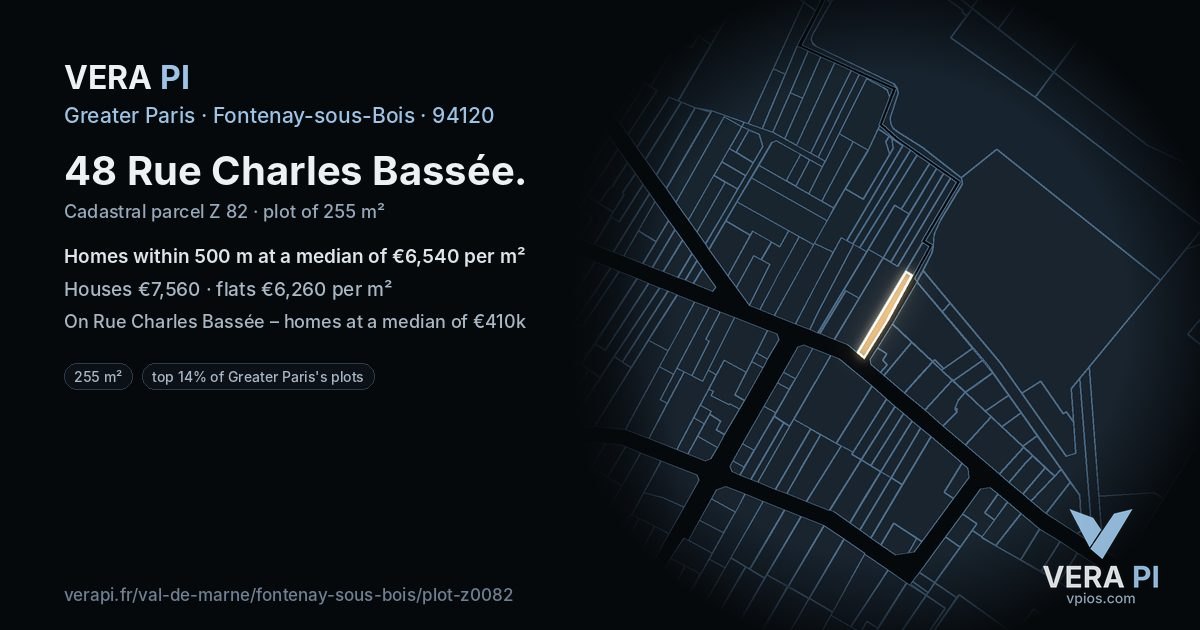 48 Rue Charles Bassée, Fontenay-sous-Bois at night – the plot lit, the parcels around coloured by the prices near them
