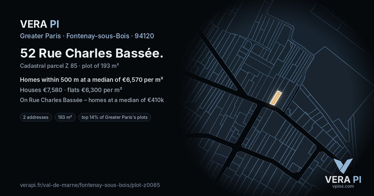 52 Rue Charles Bassée, Fontenay-sous-Bois at night – the plot lit, the parcels around coloured by the prices near them