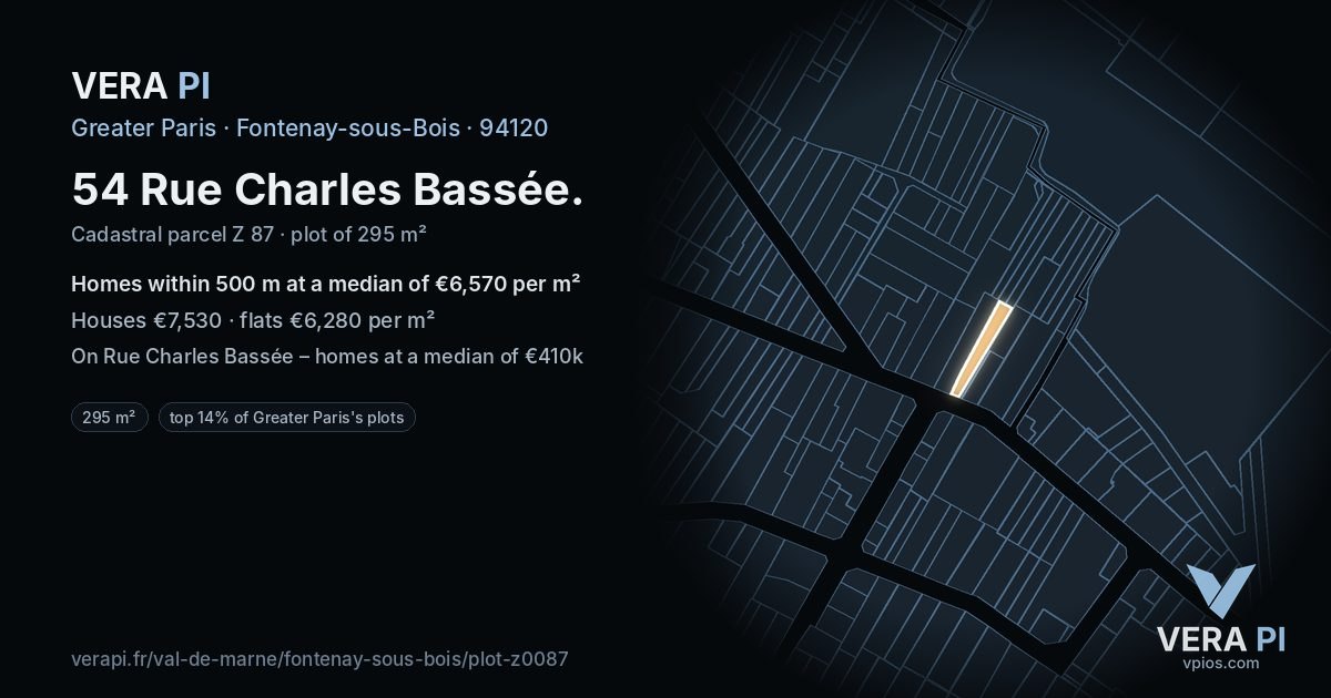 54 Rue Charles Bassée, Fontenay-sous-Bois at night – the plot lit, the parcels around coloured by the prices near them