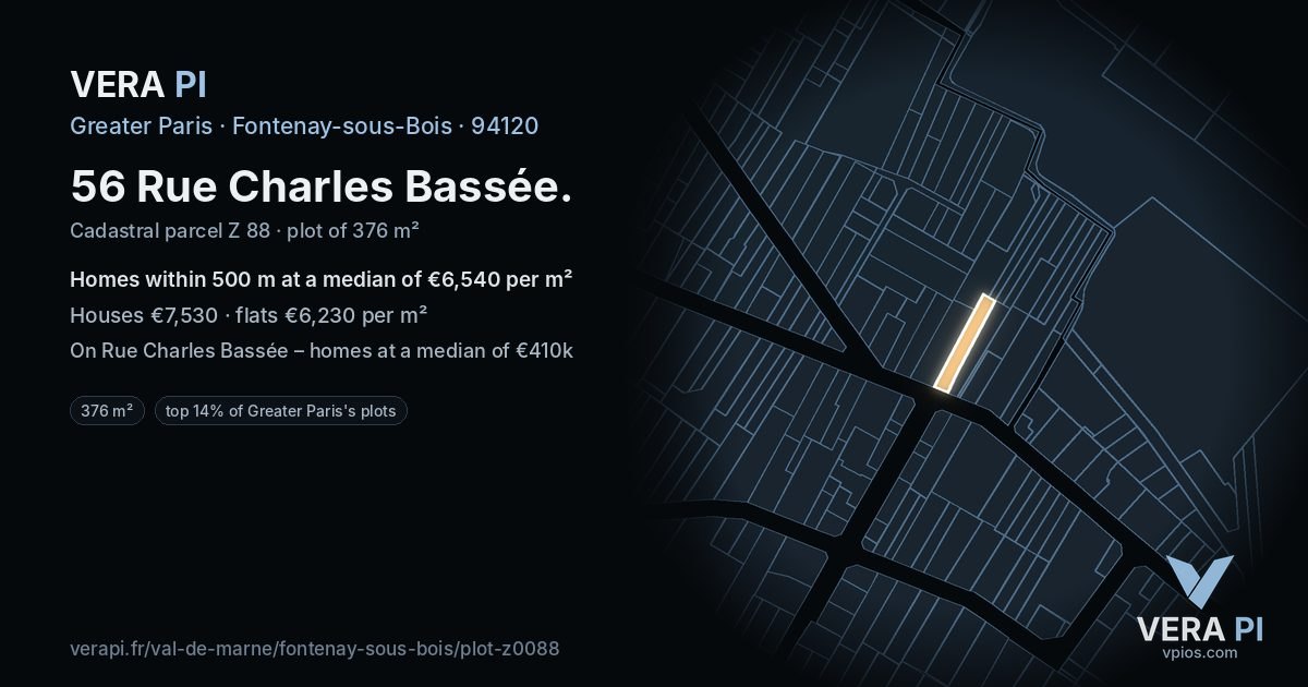 56 Rue Charles Bassée, Fontenay-sous-Bois at night – the plot lit, the parcels around coloured by the prices near them