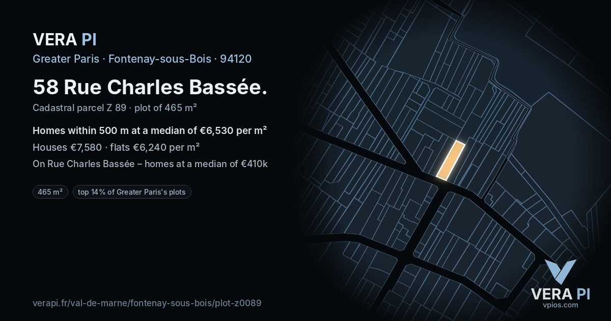 58 Rue Charles Bassée, Fontenay-sous-Bois at night – the plot lit, the parcels around coloured by the prices near them