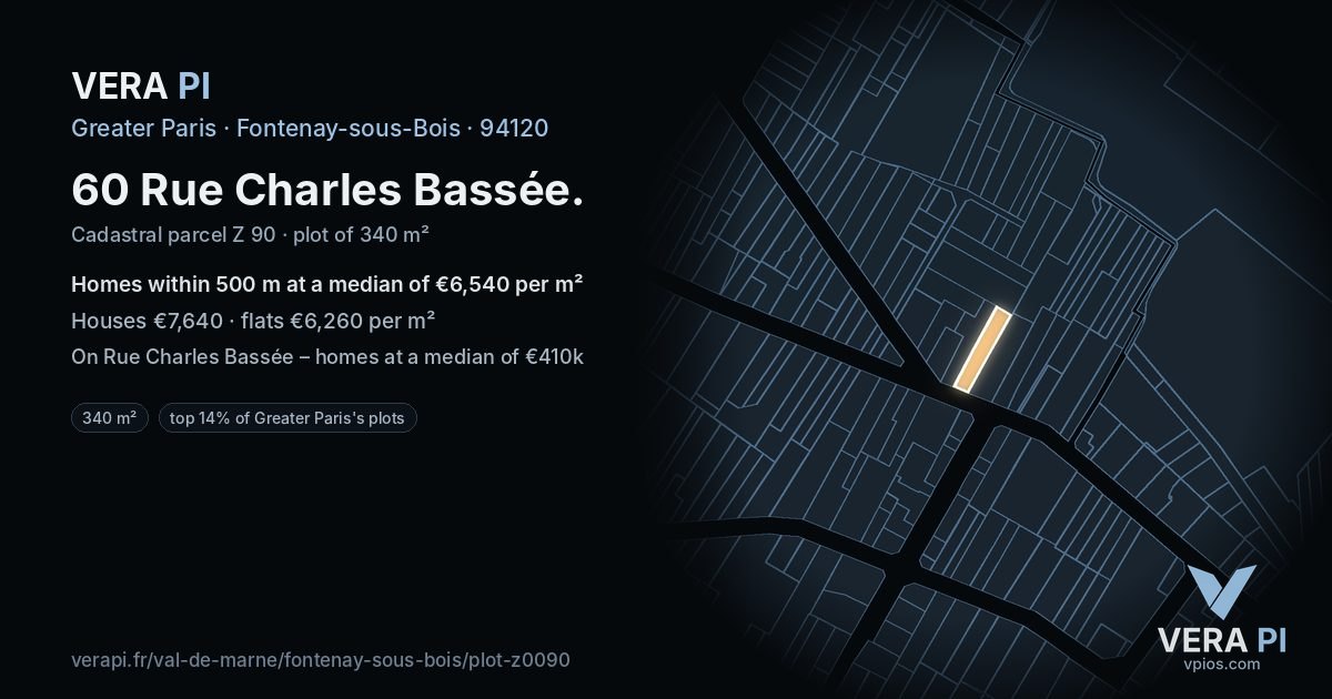 60 Rue Charles Bassée, Fontenay-sous-Bois at night – the plot lit, the parcels around coloured by the prices near them