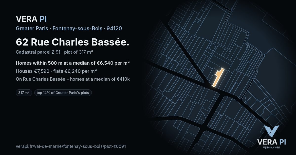 62 Rue Charles Bassée, Fontenay-sous-Bois at night – the plot lit, the parcels around coloured by the prices near them