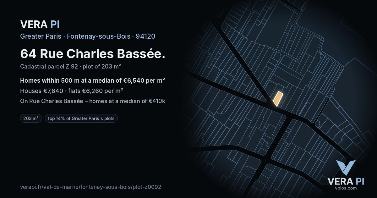 64 Rue Charles Bassée, Fontenay-sous-Bois at night – the plot lit, the parcels around coloured by the prices near them