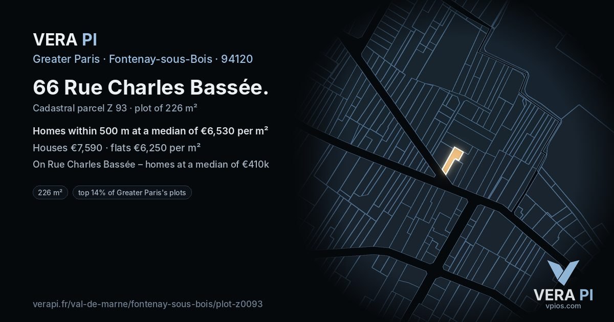 66 Rue Charles Bassée, Fontenay-sous-Bois at night – the plot lit, the parcels around coloured by the prices near them