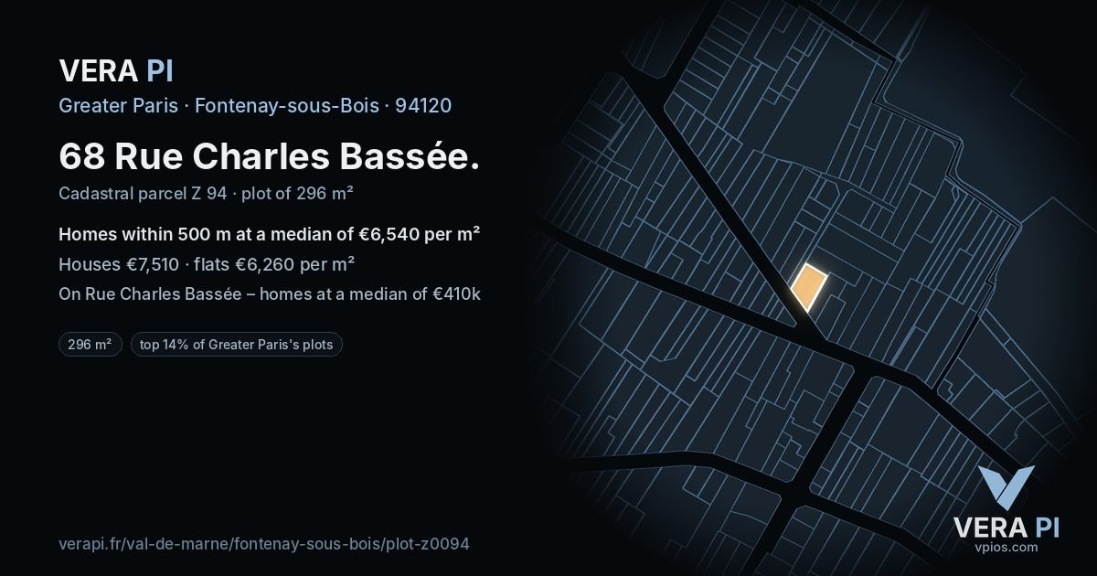 68 Rue Charles Bassée, Fontenay-sous-Bois at night – the plot lit, the parcels around coloured by the prices near them
