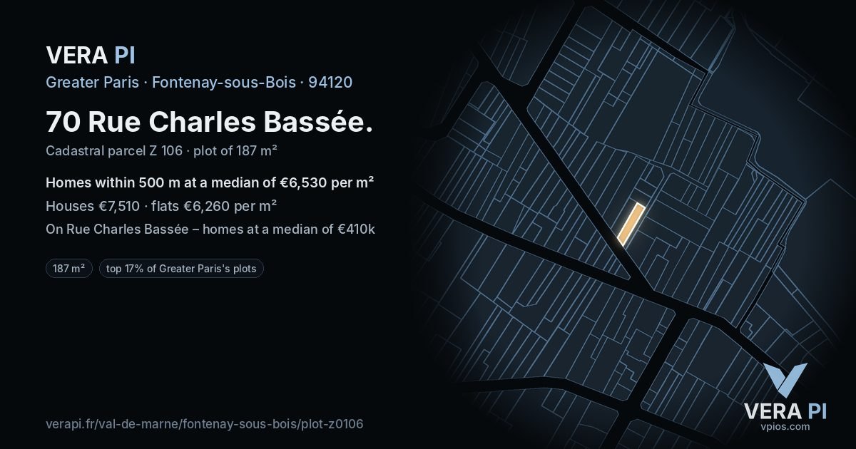 70 Rue Charles Bassée, Fontenay-sous-Bois at night – the plot lit, the parcels around coloured by the prices near them