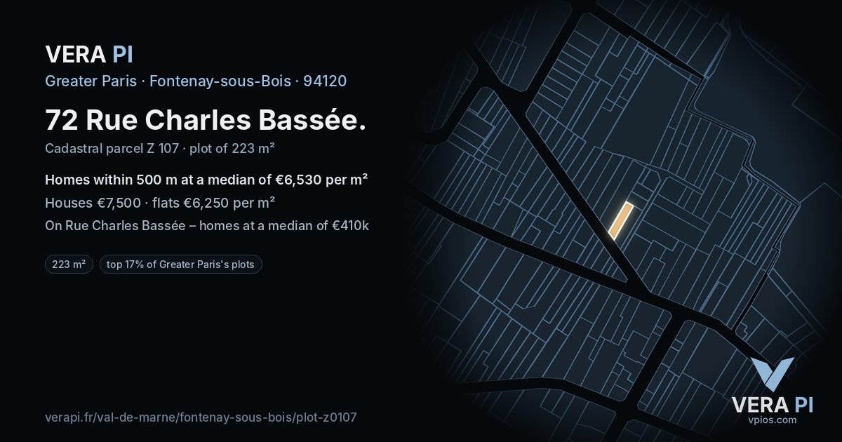 72 Rue Charles Bassée, Fontenay-sous-Bois at night – the plot lit, the parcels around coloured by the prices near them
