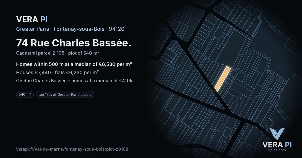 74 Rue Charles Bassée, Fontenay-sous-Bois at night – the plot lit, the parcels around coloured by the prices near them