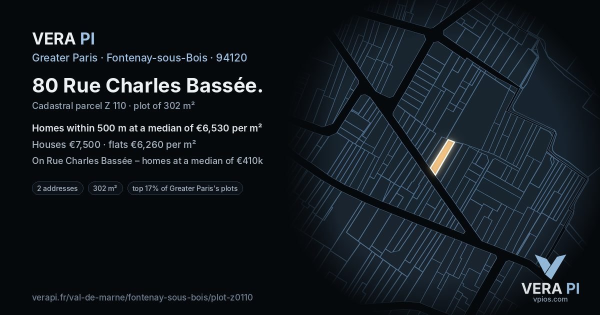 80 Rue Charles Bassée, Fontenay-sous-Bois at night – the plot lit, the parcels around coloured by the prices near them