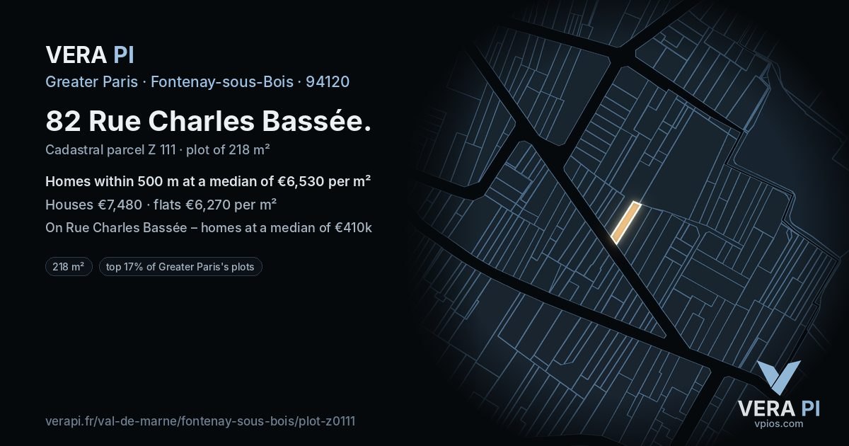 82 Rue Charles Bassée, Fontenay-sous-Bois at night – the plot lit, the parcels around coloured by the prices near them