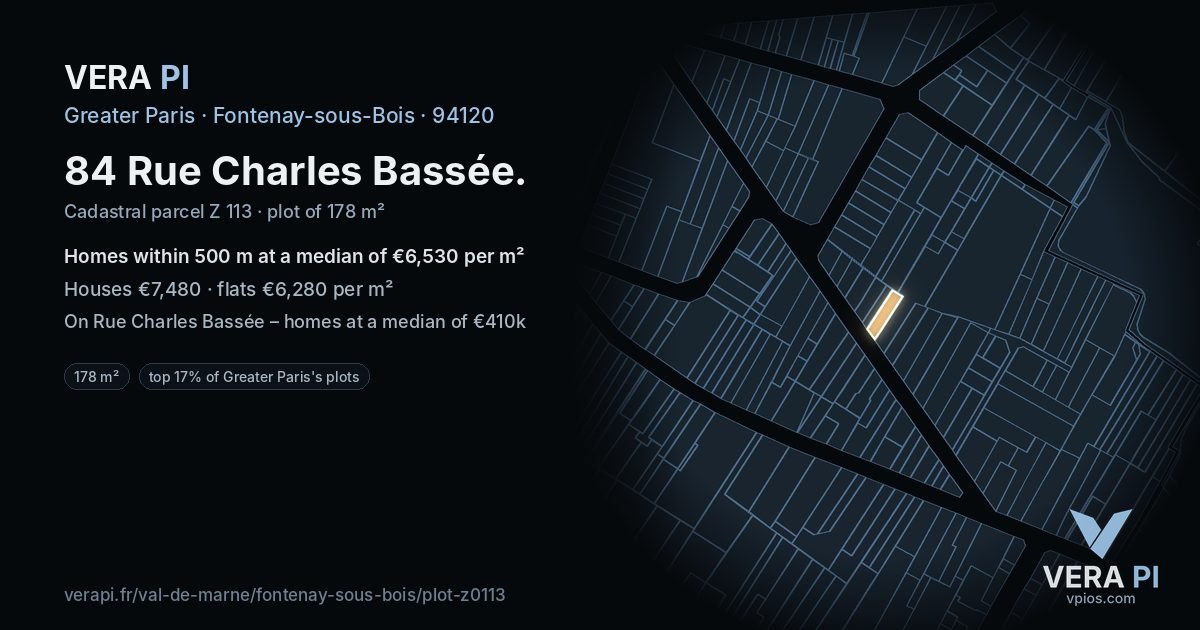 84 Rue Charles Bassée, Fontenay-sous-Bois at night – the plot lit, the parcels around coloured by the prices near them