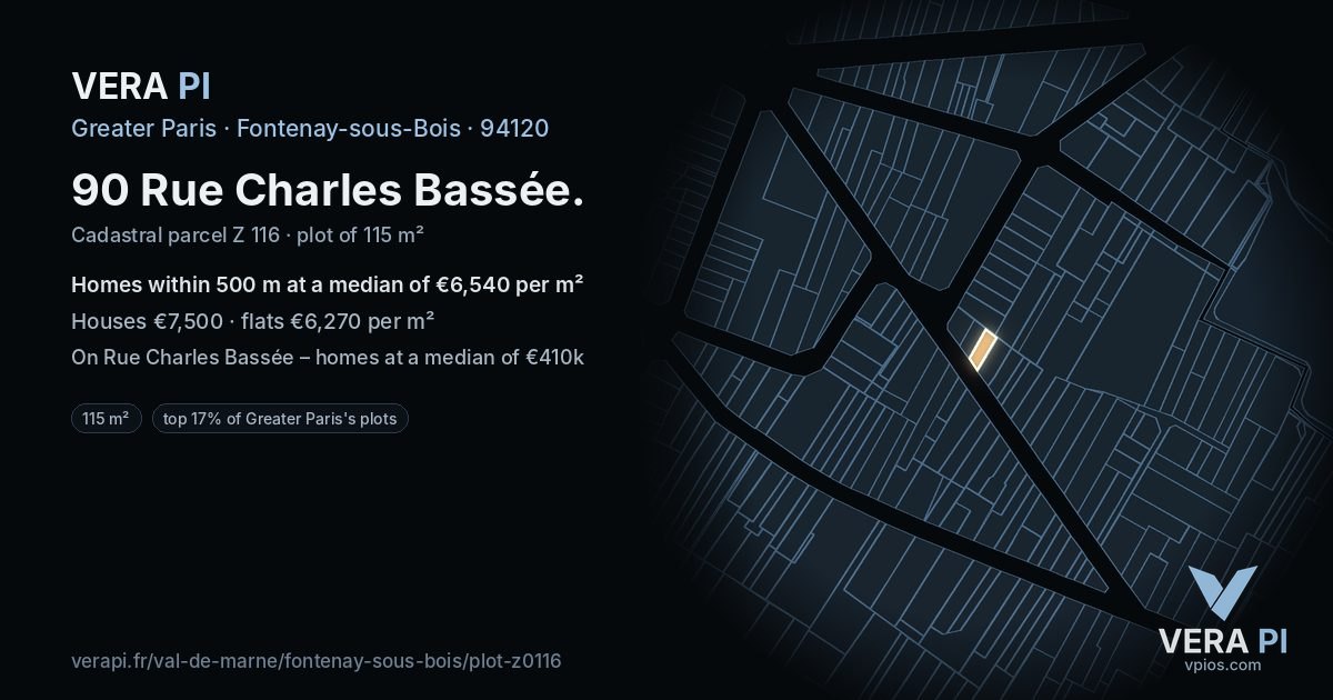 90 Rue Charles Bassée, Fontenay-sous-Bois at night – the plot lit, the parcels around coloured by the prices near them