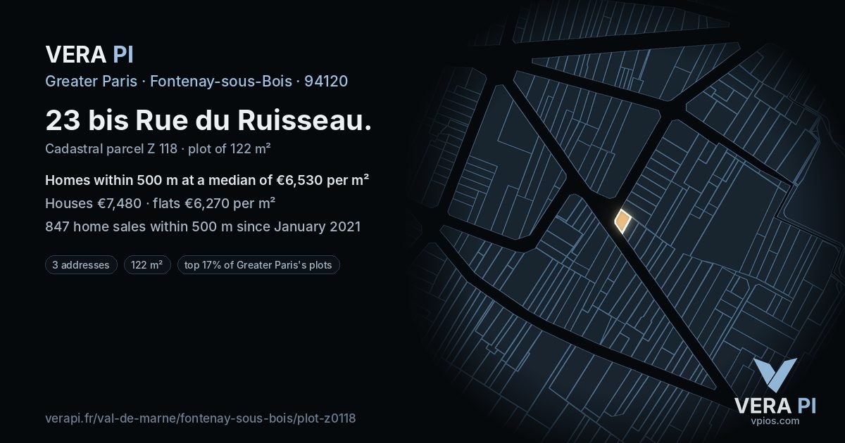 23 bis Rue du Ruisseau, Fontenay-sous-Bois at night – the plot lit, the parcels around coloured by the prices near them