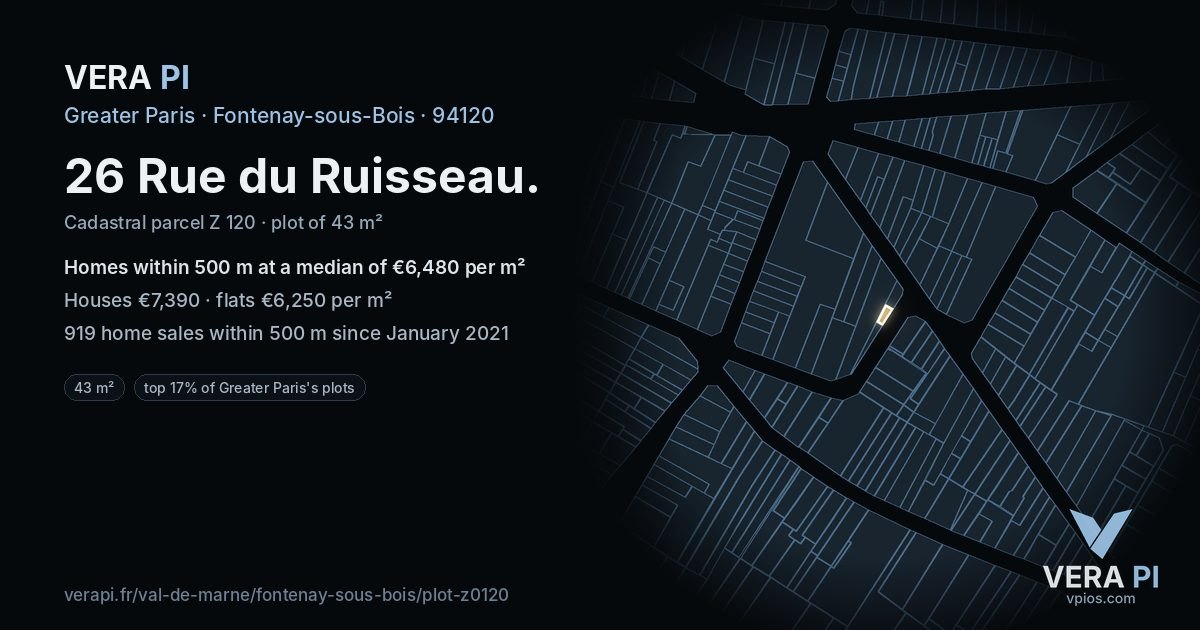 26 Rue du Ruisseau, Fontenay-sous-Bois at night – the plot lit, the parcels around coloured by the prices near them