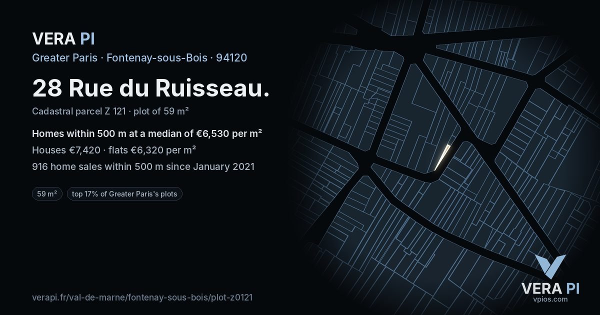 28 Rue du Ruisseau, Fontenay-sous-Bois at night – the plot lit, the parcels around coloured by the prices near them