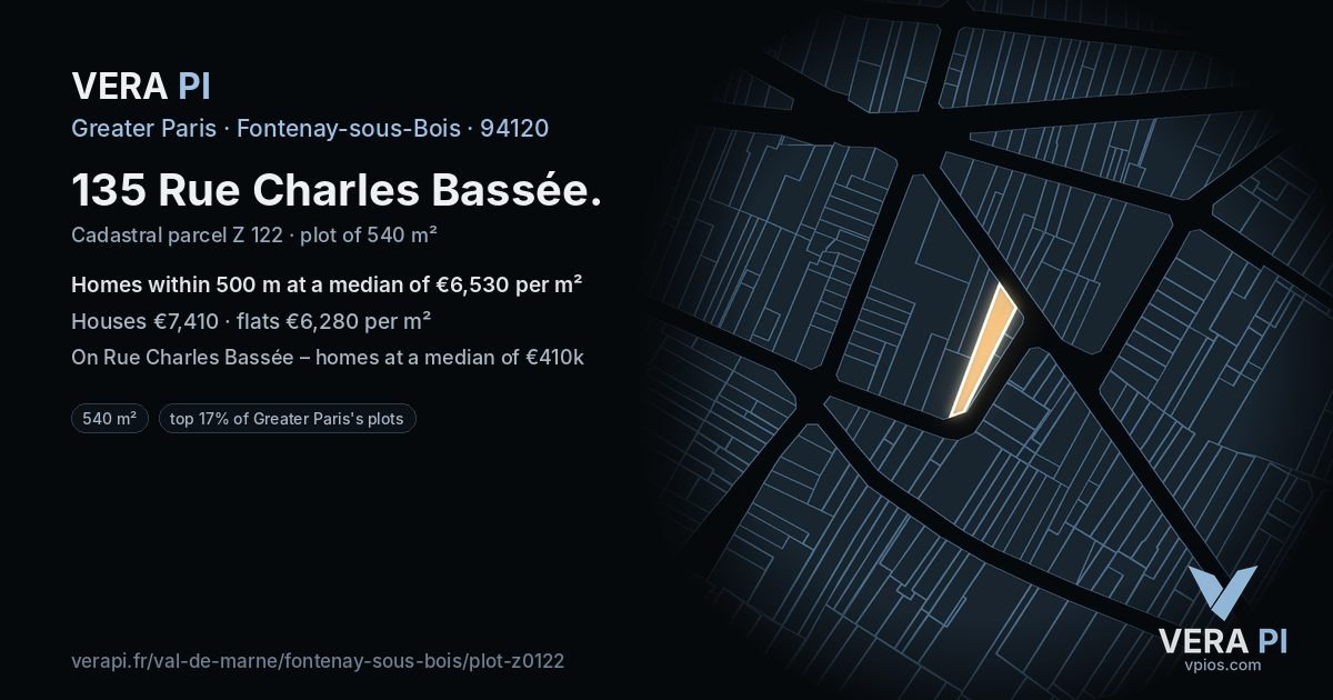 135 Rue Charles Bassée, Fontenay-sous-Bois at night – the plot lit, the parcels around coloured by the prices near them