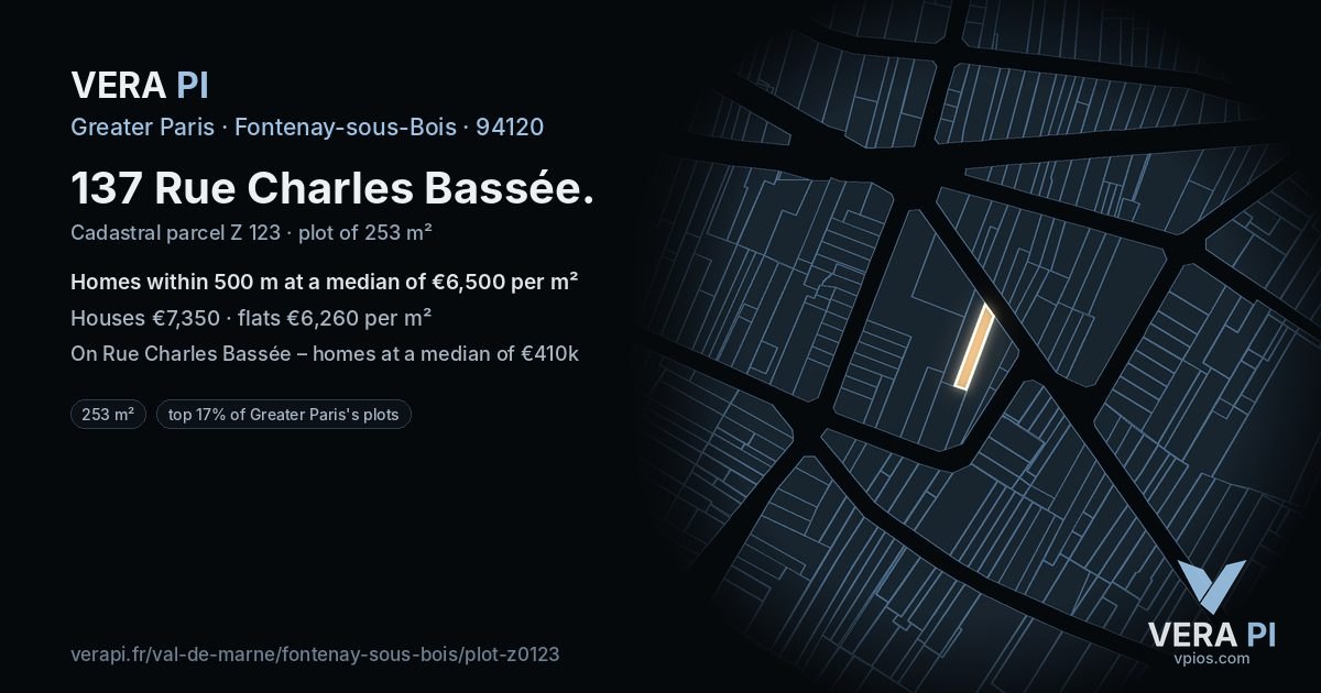 137 Rue Charles Bassée, Fontenay-sous-Bois at night – the plot lit, the parcels around coloured by the prices near them