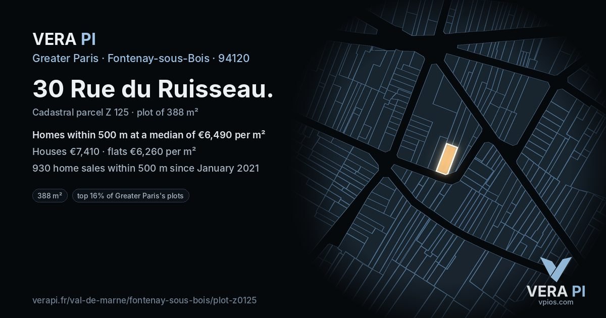 30 Rue du Ruisseau, Fontenay-sous-Bois at night – the plot lit, the parcels around coloured by the prices near them