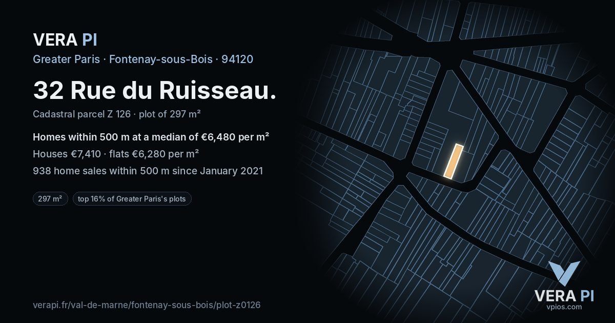 32 Rue du Ruisseau, Fontenay-sous-Bois at night – the plot lit, the parcels around coloured by the prices near them