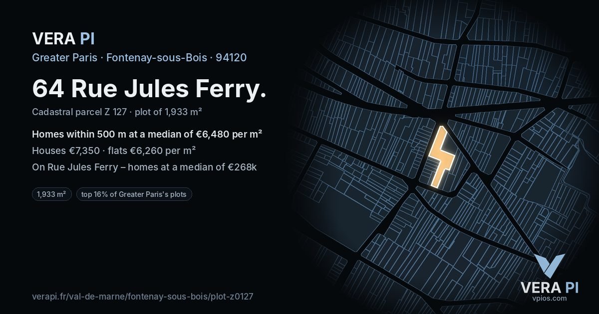 64 Rue Jules Ferry, Fontenay-sous-Bois at night – the plot lit, the parcels around coloured by the prices near them