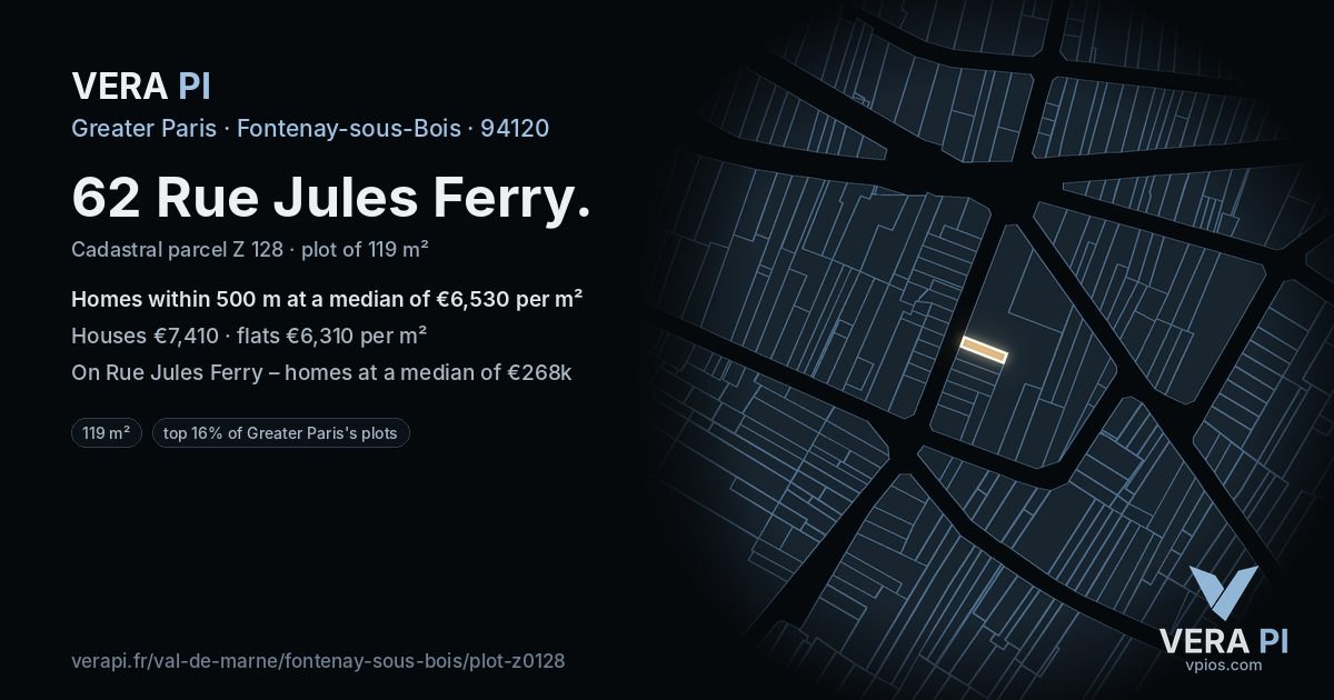 62 Rue Jules Ferry, Fontenay-sous-Bois at night – the plot lit, the parcels around coloured by the prices near them