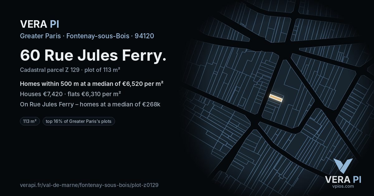 60 Rue Jules Ferry, Fontenay-sous-Bois at night – the plot lit, the parcels around coloured by the prices near them