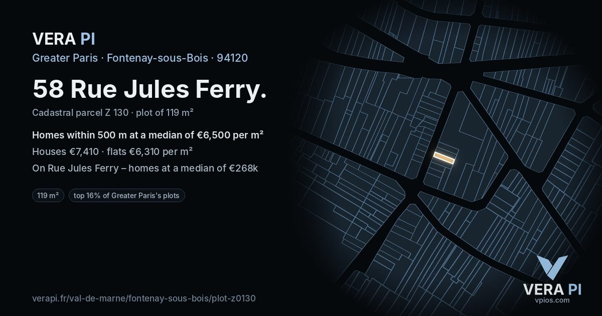 58 Rue Jules Ferry, Fontenay-sous-Bois at night – the plot lit, the parcels around coloured by the prices near them