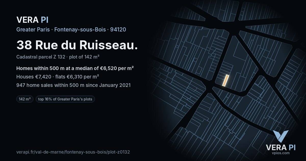 38 Rue du Ruisseau, Fontenay-sous-Bois at night – the plot lit, the parcels around coloured by the prices near them