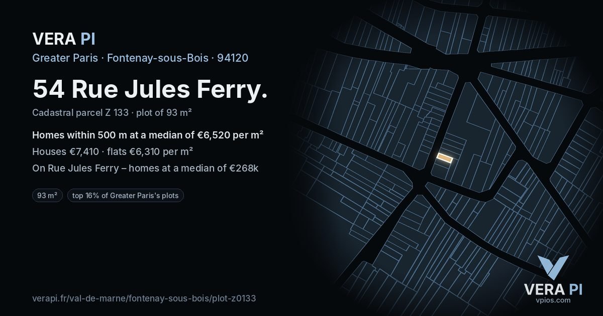 54 Rue Jules Ferry, Fontenay-sous-Bois at night – the plot lit, the parcels around coloured by the prices near them