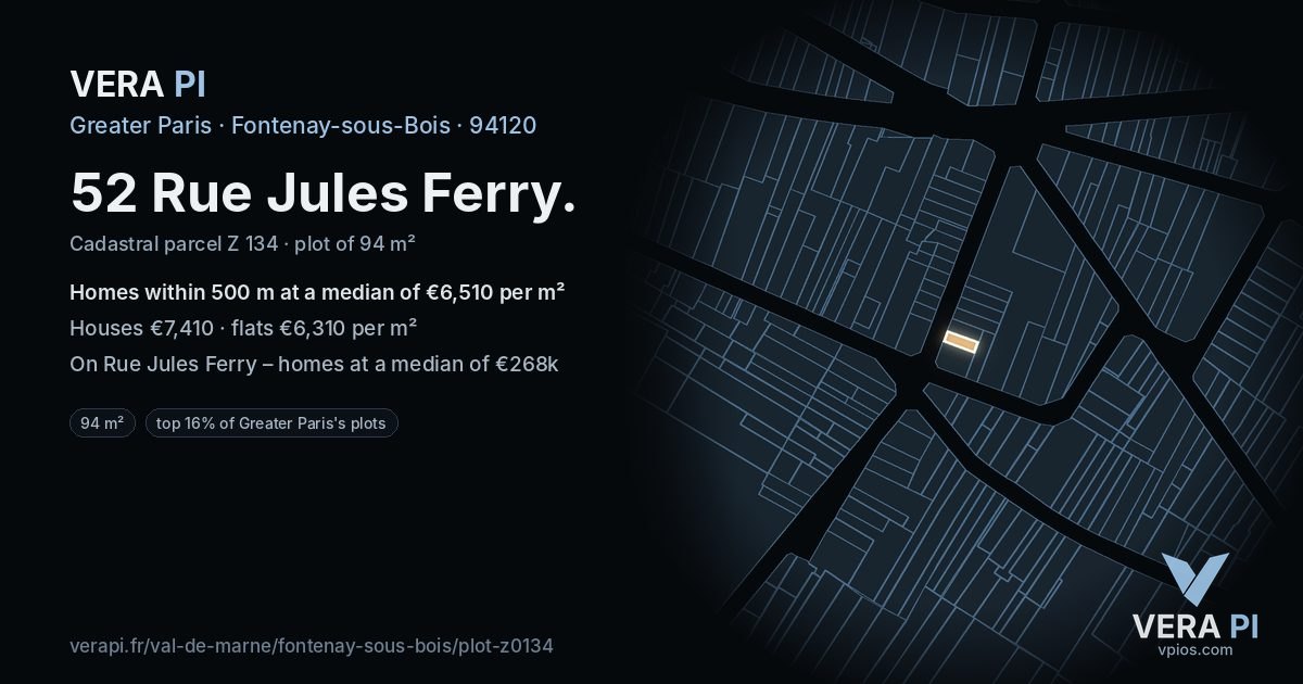 52 Rue Jules Ferry, Fontenay-sous-Bois at night – the plot lit, the parcels around coloured by the prices near them