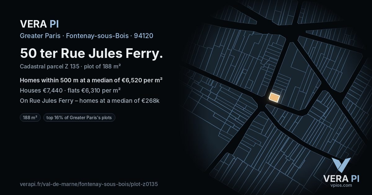 50 ter Rue Jules Ferry, Fontenay-sous-Bois at night – the plot lit, the parcels around coloured by the prices near them