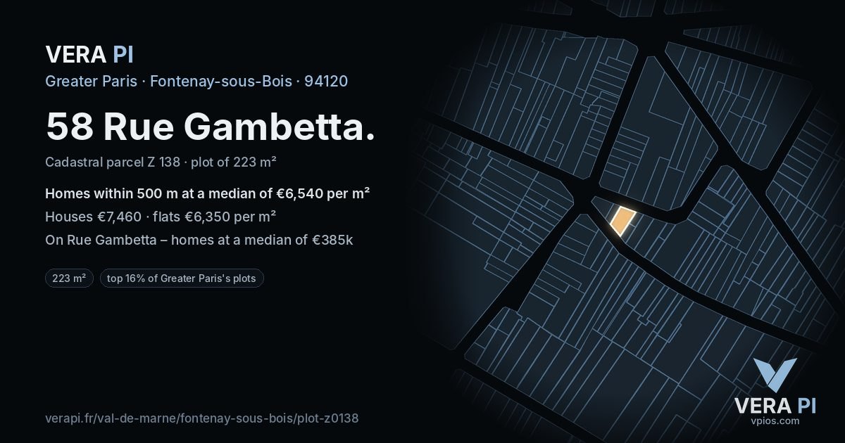 58 Rue Gambetta, Fontenay-sous-Bois at night – the plot lit, the parcels around coloured by the prices near them