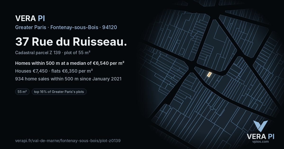 37 Rue du Ruisseau, Fontenay-sous-Bois at night – the plot lit, the parcels around coloured by the prices near them