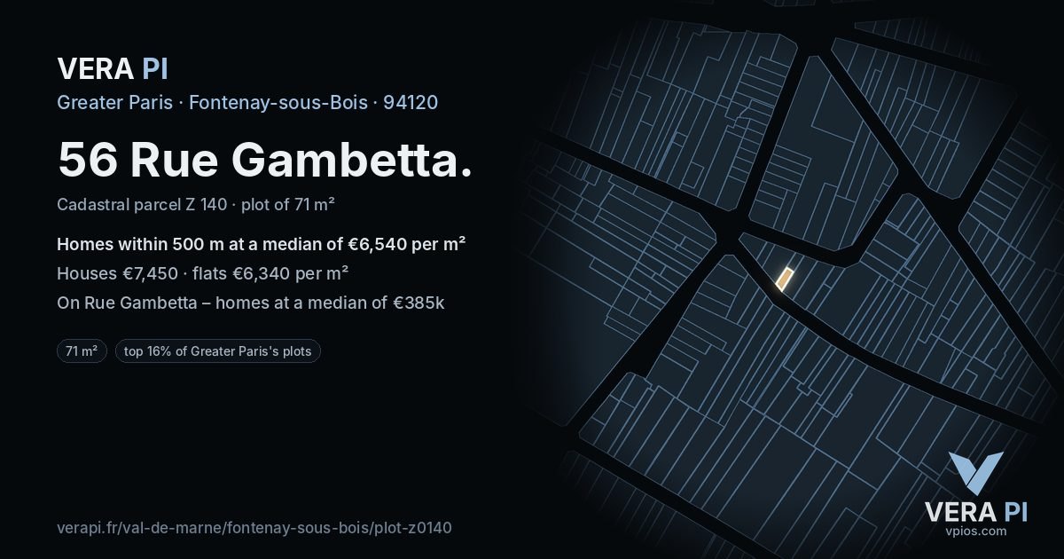 56 Rue Gambetta, Fontenay-sous-Bois at night – the plot lit, the parcels around coloured by the prices near them
