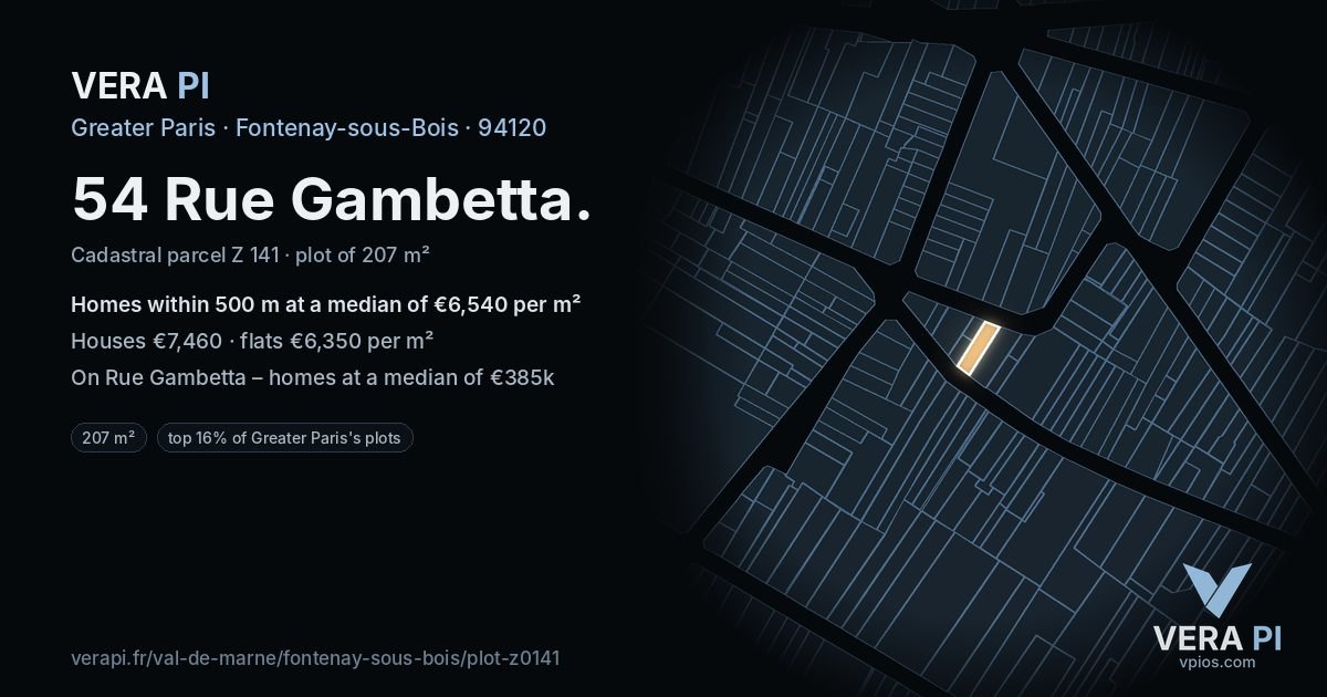 54 Rue Gambetta, Fontenay-sous-Bois at night – the plot lit, the parcels around coloured by the prices near them