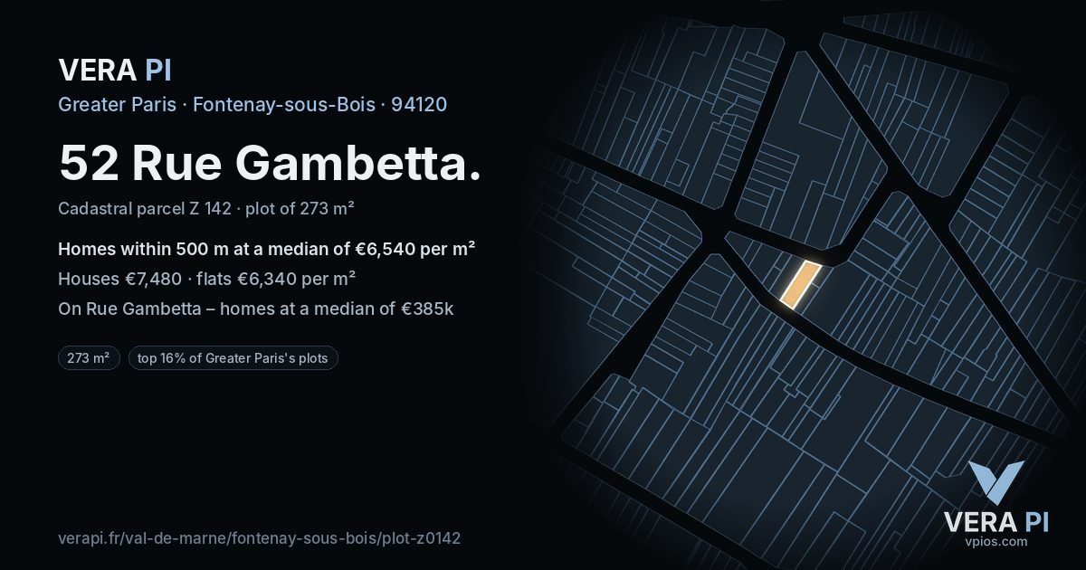 52 Rue Gambetta, Fontenay-sous-Bois at night – the plot lit, the parcels around coloured by the prices near them