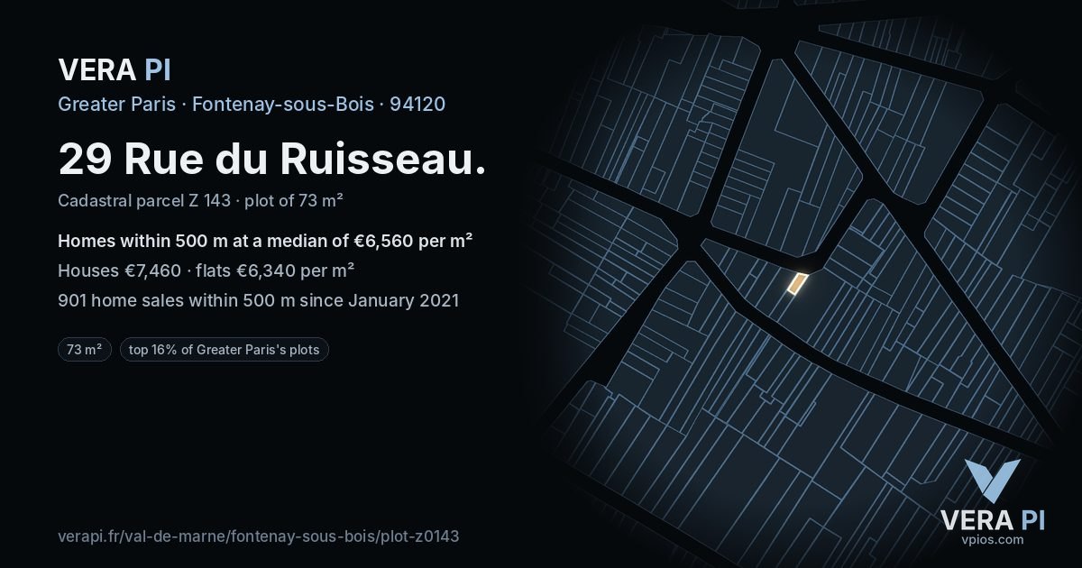 29 Rue du Ruisseau, Fontenay-sous-Bois at night – the plot lit, the parcels around coloured by the prices near them