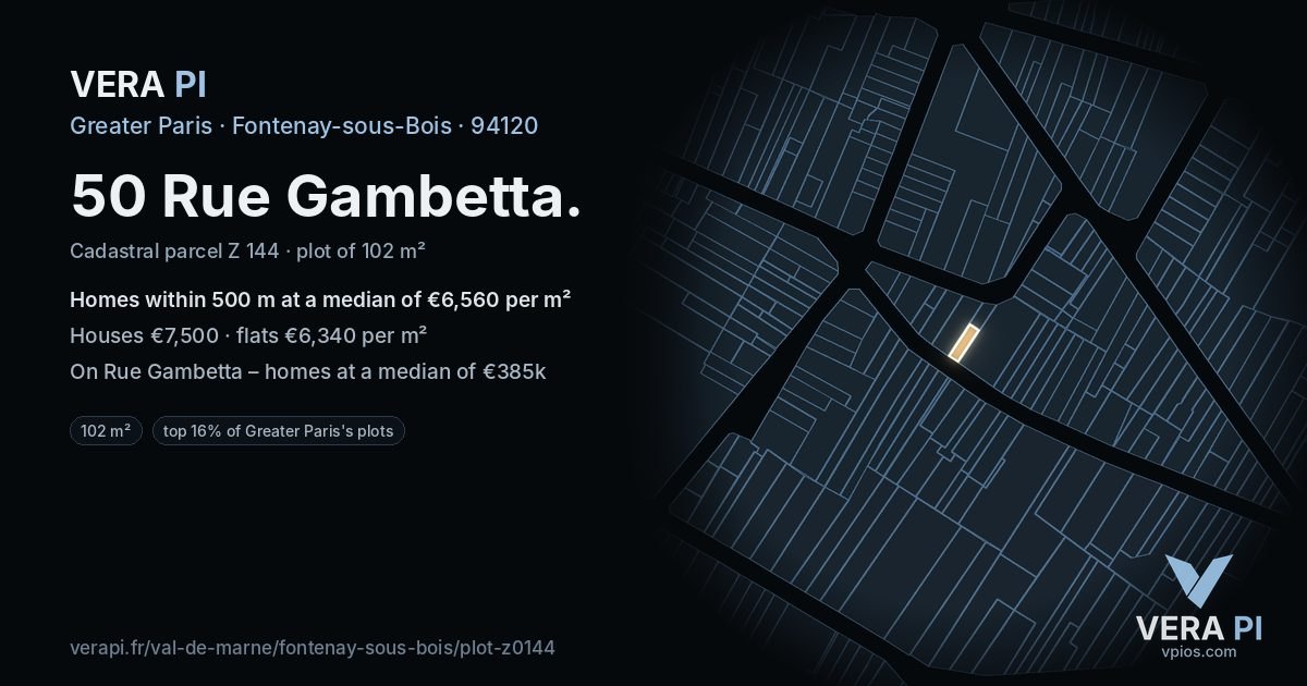 50 Rue Gambetta, Fontenay-sous-Bois at night – the plot lit, the parcels around coloured by the prices near them