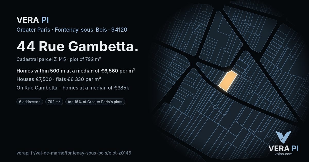 44 Rue Gambetta, Fontenay-sous-Bois at night – the plot lit, the parcels around coloured by the prices near them