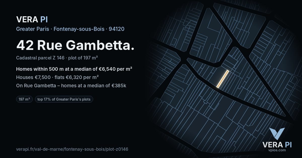 42 Rue Gambetta, Fontenay-sous-Bois at night – the plot lit, the parcels around coloured by the prices near them
