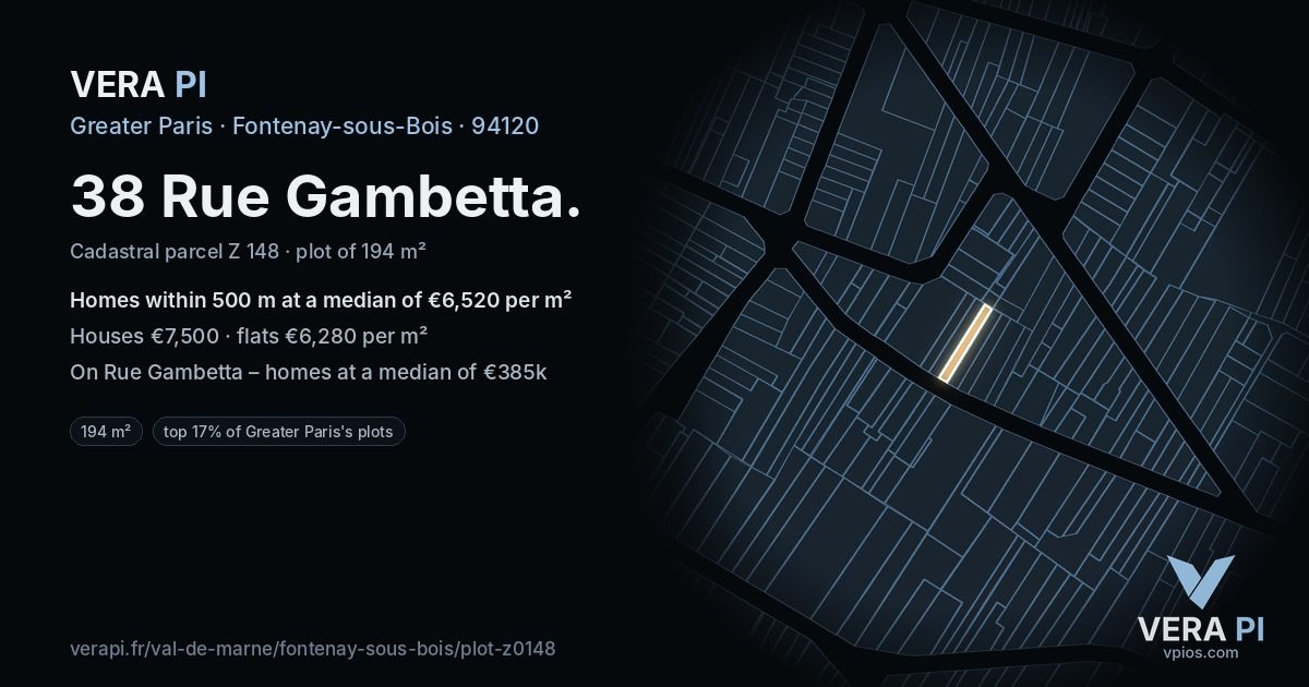 38 Rue Gambetta, Fontenay-sous-Bois at night – the plot lit, the parcels around coloured by the prices near them